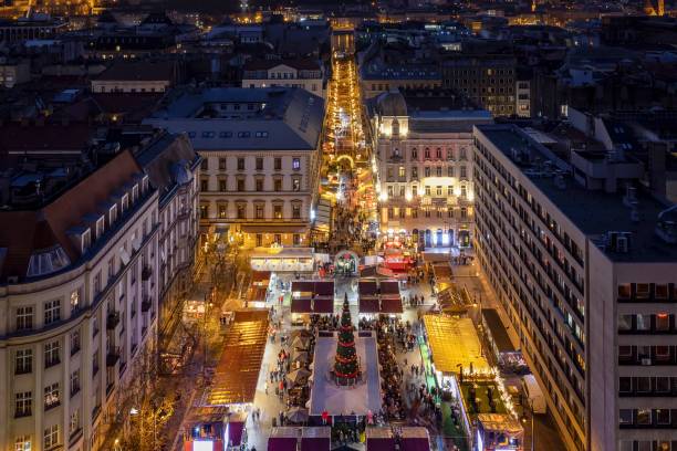 Budapest Christmas market illuminated at night